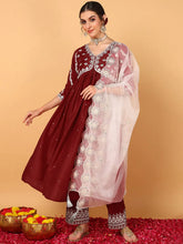 Women Red Silk Blend Solid Embroidered Flared Suit Set